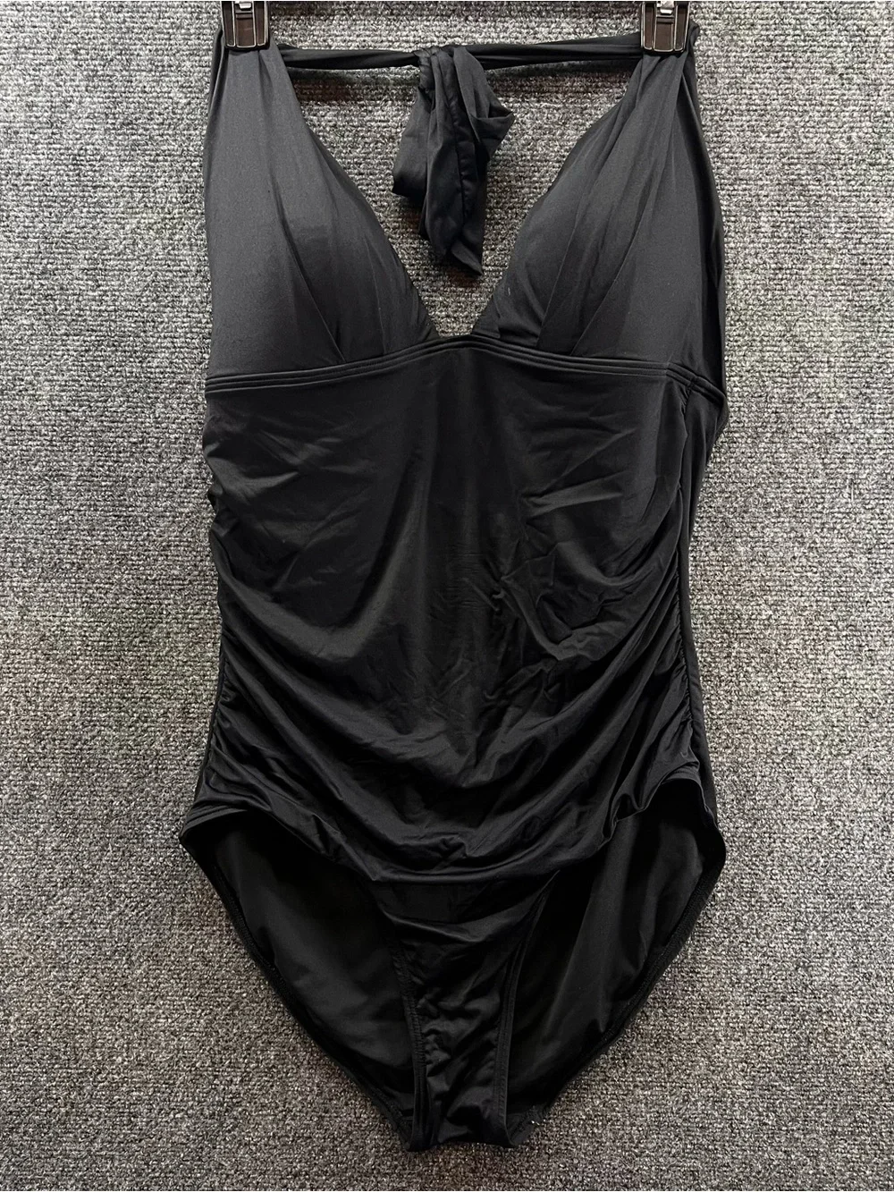 DKNY Black One Piece Swimsuit Size 14 Halter Tie Back Ruched V-Neck Swimwear - Picture 1 of 7